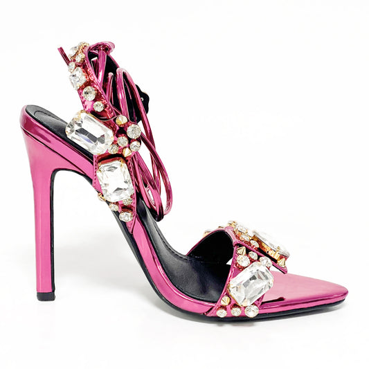 Pointed Toe 11cm Women Rhinestone Lace up Sexy Open Toe High Heel Sandals Gold Silver Green Purple High Heels Heels