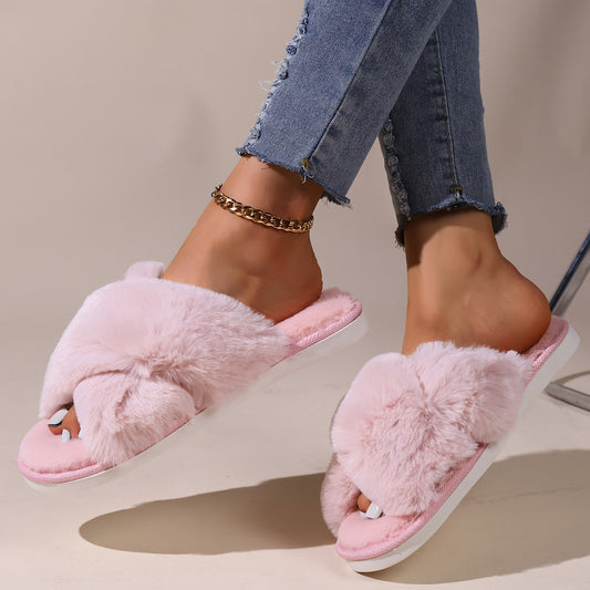 Women Fluffy Slippers Outerwear Cross Household Indoor Plush Lazy Cotton Slippers