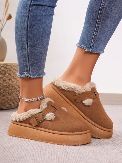 Autumn Winter Thick Bottom Plush Buckle Thermal Cotton Slippers Casual Women Shoes
