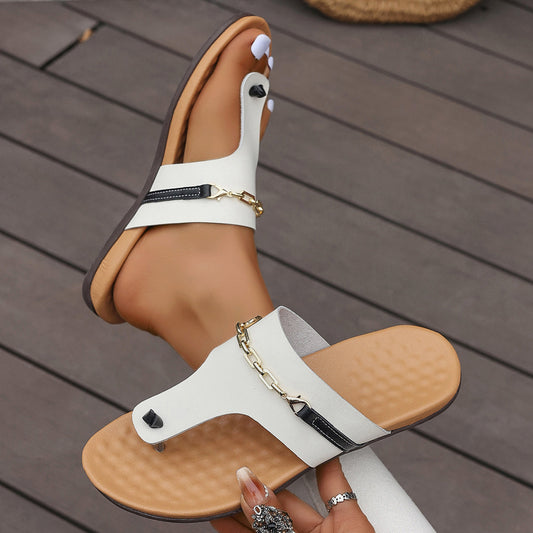White Faux Leather Metal Black Strap Women Flip Flops Comfortable Women Sandals