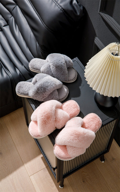 Women Fluffy Slippers Outerwear Cross Household Indoor Plush Lazy Cotton Slippers