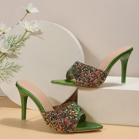 Sequined Pointed High Heel Toe Baring Sandal Women Sexy Stiletto Heel Sandals